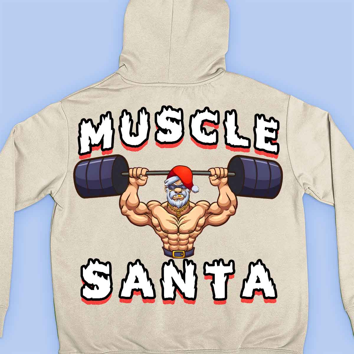 Muscle Santa - Sudadera con capucha premium unisex con estampado en la espalda